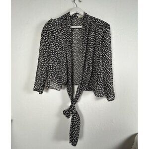 Vintage Jaeger Black White Floral Print Tie-Front Blouse Top Lightweight Casual